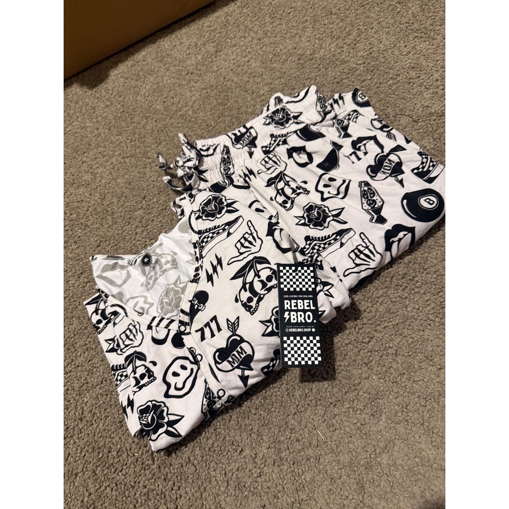 Rebel Bro Tattoo Flash Print Pajama Set Black White V-Neck Loungewear New